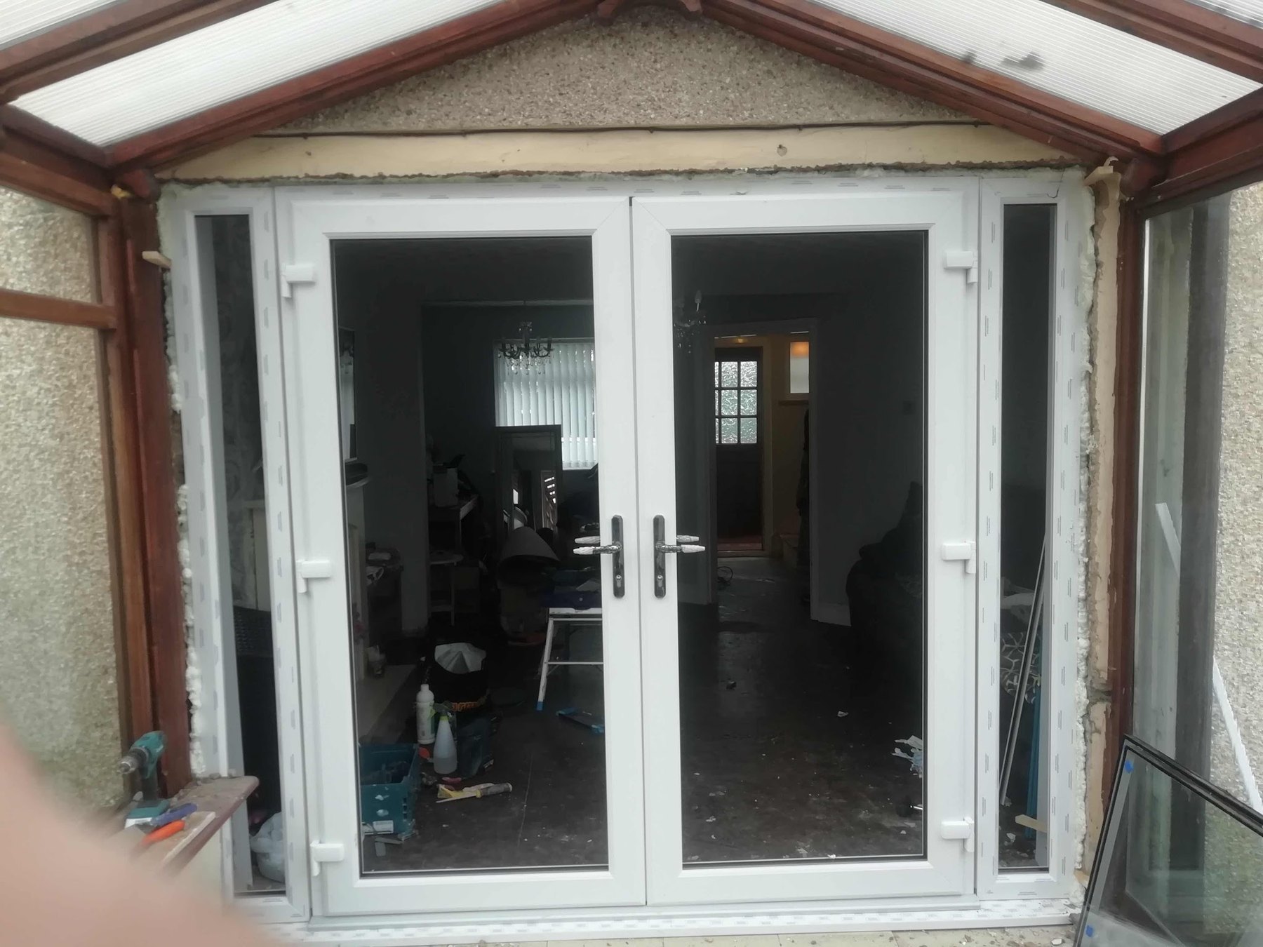 White French doors with glazed side panels, newly fitted