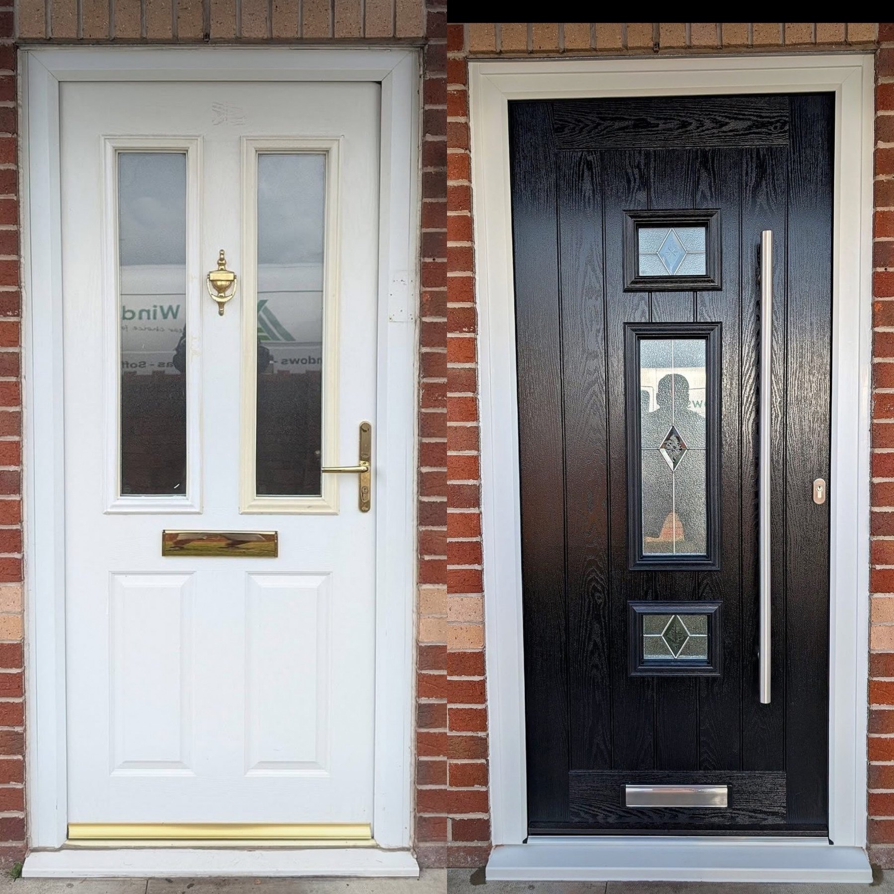 A customer's before and after photo: the old white front door beside the new black composite door